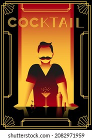 Art deco style poster with barman, sparkling cherry cocktail and cocktail shaker. Vector illustration.