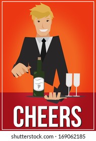 Art deco style poster with handsome waiter serving wine and glasses