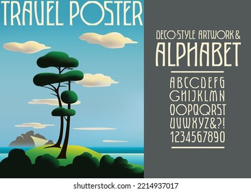 An Art Deco style poster of a oceanside scene with stylized coastal cypress trees, clouds, and a stylistically matching alphabet.