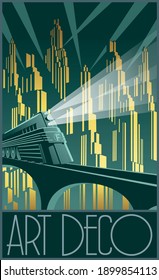 Art Deco Style Poster Retro Future Train, Skyscrapers, Night Cityspace