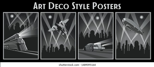 Art Deco Style Poster Set, Locomotive, Aircraft, Car, Zeppelin, Citiscape Background, Rays of LIght, Vintage Design