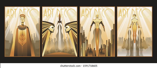 Art Deco Style Posters, Egyptian Woman, Retro Future Space Rocket, Flying Man And Robotic Woman