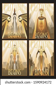 Art Deco Style Posters, Flying Lady, Egyptian Woman, Flying Man Retro Futurism from the 1920s, 1930s
