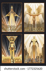 Art Deco Style Posters, Flying Man, Winged Man, Woman, Ancient Goddess, Golden Gradient, Rays, Cityscape