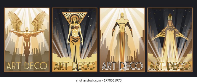 Art Deco Style Posters, Men and Women, Golden Gradient, Rays of Light, Urban Background