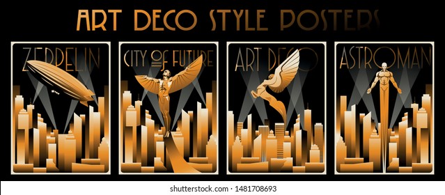 Art Deco Style Posters, Original Golden Gradient Vintage Shapes