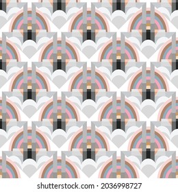 Art Deco style rainbow cityscape pattern. Seamless vector all over print suitable for fashion, home decor and stationary.
