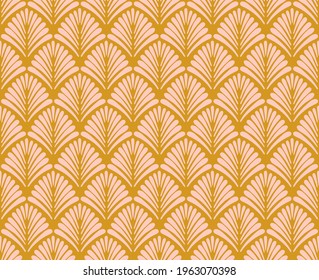 Art Deco Style Repeat Pattern With Floral Pink Motifs On Caramel Brown Background. Pink And Gold Retro Seamless Repeat Patten For Home Décor, Textiles, Fabric, Wrapping Paper.