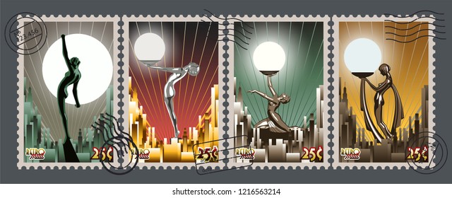 Art Deco Style Retro Postage Stamps from the Roaring Twenties