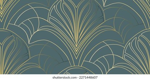 El Estilo Art Decó Retro Es Un Patrón Sin Maravillas. Lujoso fondo vectorial azul con líneas metálicas doradas. Elegante telón de fondo vintage para textil, material de negocios, decoración casera, papel envolvente