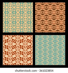 Art deco style seamless background tiles, vintage design set with regular geometric ornament in beige, red and green