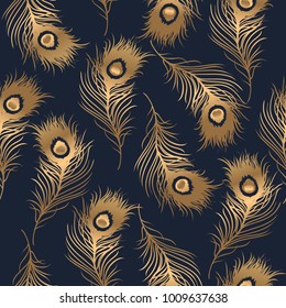 Art deco style  seamless pattern with golden feathers. Vector illustration.