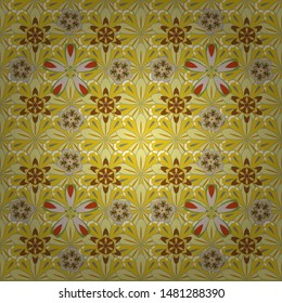 Art deco style. Seamless pattern with bstract geometric modern elements. Polka dots, confetti. Vector illustration. Shiny gray, yellow and brown backdrop.