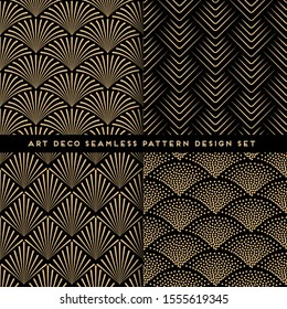 Art deco style seamless pattern design set - golden line repeat patterns on black background