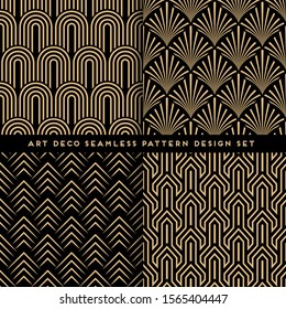 Art deco style seamless pattern design set - golden line repeat patterns on black background