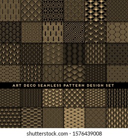 Art deco style seamless pattern design mega set - golden line repeat patterns on black background