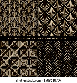 Art deco style seamless pattern design set - golden line repeat patterns on black background