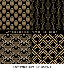 Art deco style seamless pattern design set - golden line repeat patterns on black background