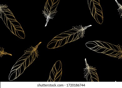 Art Deco style seamless pattern with golden flying feathers on a black background. Hand drawn bird golden feathers flying in the air. Retro, Vintage style vector.