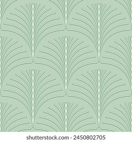 Art Deco style seamless pattern with fan shaped motifs on light sage green colored background. Vintage decorative design. Art deco design with fan shaped motifs in a scallop repeat.