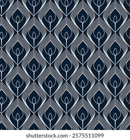 Art Deco style, seamless pattern, white on dark blue background. Geometric decorative texture, vector. 