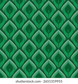 Art Deco style, seamless pattern, green leaves. Geometric decorative texture, vector. 