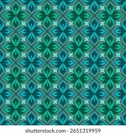 Art Deco style, seamless pattern, green and blue floral elements. Geometric decorative texture, vector background. 
