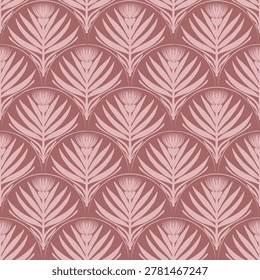 Art deco style seamless pattern with pimk geometric florals and scallops. Decorative design for wallpaper, fabric, and wrapping paper