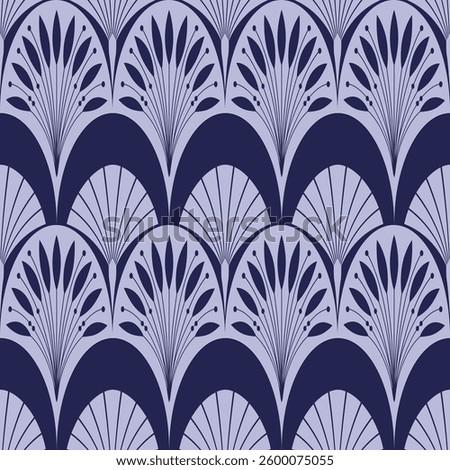 Art Deco style seamless pattern. Geometric decorative texture with leaves. Floral vector illustration, blue color.
