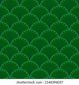 Art Deco Style Seamless Repeat Pattern With Scallop Shapes Colored In Emerald Green. Stylized Palm Leaf Pattern. 