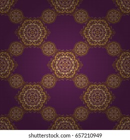 Art deco style. Shiny backdrop. Polka dots, confetti. Vector illustration. Abstract geometric modern background. Texture of gold foil. Purple and gold seamless pattern.