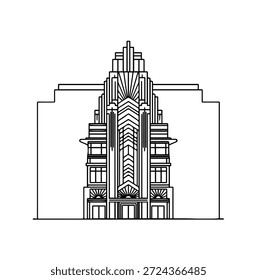 Ilustración de arte de línea de rascacielos de estilo art déco - Diseño de fachada de arquitectura geométrica retro para proyectos de horizonte Urbana de Antiguas