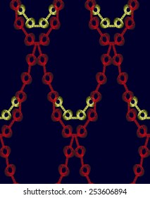 Art Deco Style Textured Red Gold Chain Seamless Pattern. Golden Necklace Repeating Vector Background. Cloth design. Can be used for wallpaper, pattern fills, web page background, surface textures.