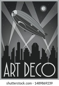 Art Deco Style Transport Retro Black and White Poster Stylization, Flying Airship, Skyscrapers Silhouette