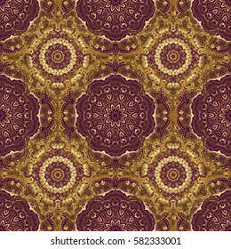 Art deco style. Vector illustration. Shiny backdrop. Texture of gold foil. Abstract geometric modern background. Purple and gold seamless pattern. Polka dots, confetti.