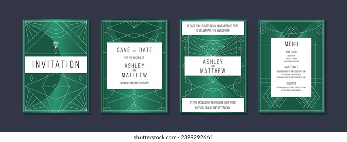 Art deco style wedding invitation. Bottle green color streamlined geometry aesthetics. Geometric sleek wedding invite. Standard 5x7 size.