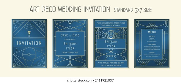 Art deco style wedding invitation set. Blue and gold color modern streamlined aesthetics. Geometric sleek wedding invite. Standard 5x7 size.