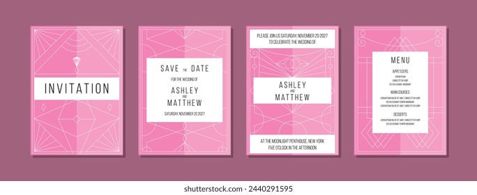Art deco style wedding invitation. Pink color aesthetics. Geometric sleek wedding invite.