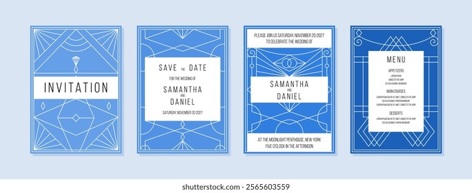 Art deco style wedding invitation. Blue color modern aesthetics. Geometric sleek wedding invite.