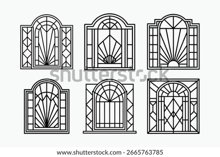 Art deco style windows grill bold geometric shapes with black Vector luxurious vintage architecture style high detail white background.