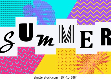 Art deco Summer background Memphis style. Retro tropical backdrop 80s 90s pop art. Comic text lettering different font. Sale poster monstera palm leaf. Halftone pattern vector illustration.