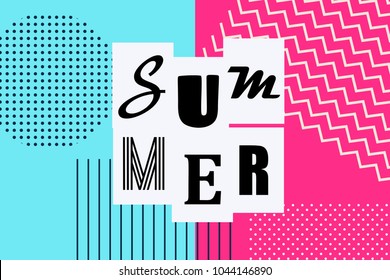 Art deco Summer background Memphis style. Retro ultraviolet backdrop 80s 90s pop art. Comic text lettering different font. Sale poster ultra violet. Halftone pattern vector art deco illustration.