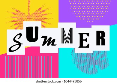 Art deco Summer background Memphis style. Retro tropical backdrop 80s 90s pop art. Comic text lettering different font. Sale poster monstera palm leaf. Halftone pattern vector illustration.