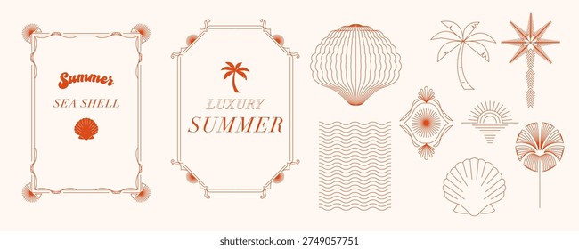 Art Deco Summer Line Icon Set with Palm Trees, sea shell and sea Beach Elements for luxury design