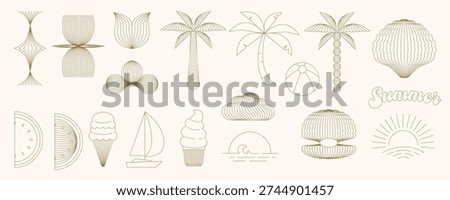 Art Deco Summer Line Icons Set with Palm Trees, Ice Cream and Beach Elements