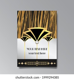 Art Deco template golden black luxury, A4 page, menu, card, modern invitation, Moon stars and city lights in a Art Deco, Art Nuevo Gatsby style, beautiful background 