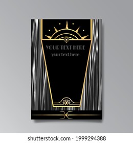 Art Deco template golden black luxury, A4 page, menu, card, modern invitation, Moon stars and city lights in a Art Deco, Art Nuevo Gatsby style, beautiful background 