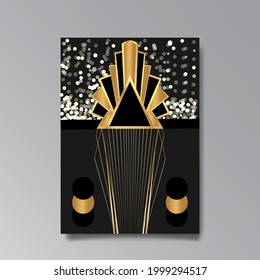 Art Deco template golden black luxury, A4 page, menu, card, modern invitation, Moon stars and city lights in a Art Deco, Art Nuevo Gatsby style, beautiful background 