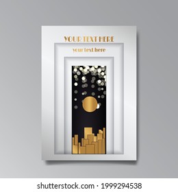 Art Deco template golden black luxury, A4 page, menu, card, modern invitation, Moon stars and city lights in a Art Deco, Art Nuevo Gatsby style, beautiful background 