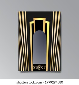 Art Deco template golden black luxury, A4 page, menu, card, modern invitation, Moon stars and city lights in a Art Deco, Art Nuevo Gatsby style, beautiful background 